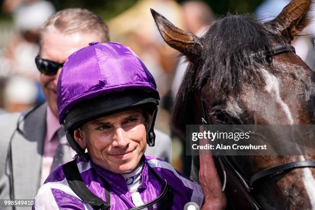 Ryan Moore after riding US Navy Flag to win The Darley July Cup at Newmarket Racecourse on July 14, 2018 in Newmarket, United Kingdom.