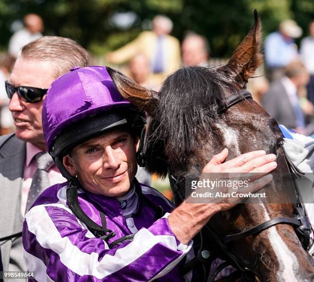 Ryan Moore after riding US Navy Flag to win The Darley July Cup at Newmarket Racecourse on July 14, 2018 in Newmarket, United Kingdom.