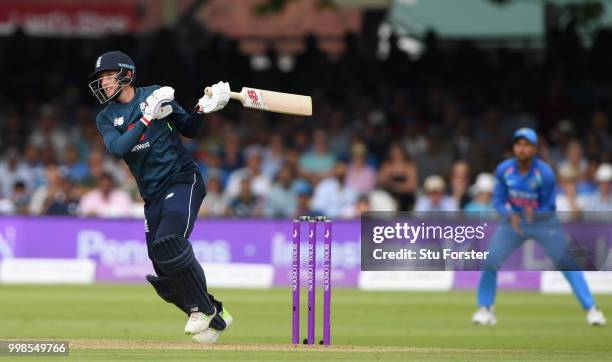 England batsman Joe Root hits out during the 2nd ODI Royal London One Day International match between England and India at Lord's Cricket Ground on...