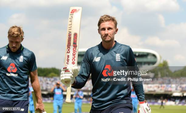 Joe Root of England leaves the field after scoring 113 during the 2nd Royal London One-Day International between England and India at Lord's Cricket...
