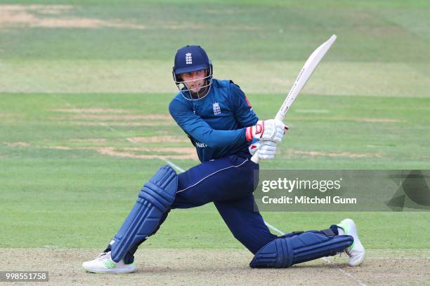 Joe Root of England plays a shot during the 2nd Royal London One day International match between England and India at Lords Cricket Ground on July...