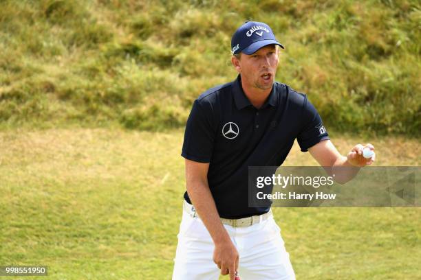 Marcel Siem of Germany celebrates his birdie putt on hole one during day three of the Aberdeen Standard Investments Scottish Open at Gullane Golf...