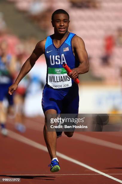 Micah Williams of The USA in action during the final of the men's 4x100m on day five of The IAAF World U20 Championships on July 10, 2018 in Tampere,...