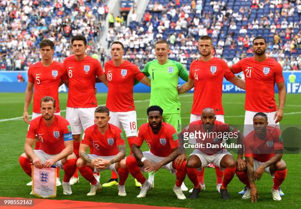 The England players pose for a team photo prior to the 2018 FIFA World Cup Russia 3rd Place Playoff match between Belgium and England at Saint...