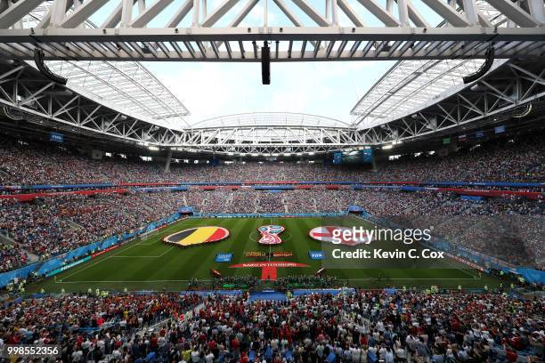 General view inside the stadium as teams line up prior to the 2018 FIFA World Cup Russia 3rd Place Playoff match between Belgium and England at Saint...