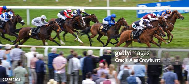 Harry Bentley riding Antonia De Vega win The Rossdales British EBF Maiden Fillies' Stakes at Newmarket Racecourse on July 14, 2018 in Newmarket,...