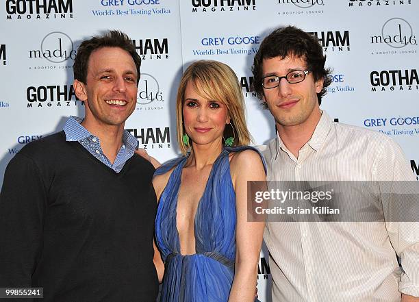 Seth Meyers, Kristen Wiig, and Andy Samberg attend SNL's Kristen Wiig's cover party hosted by Niche Media's Jason Binn at mad46 Rooftop Lounge - The...