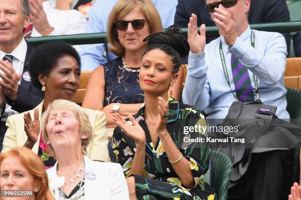 Thandie Newton attends day twelve of the Wimbledon Tennis Championships at the All England Lawn Tennis and Croquet Club on July 13, 2018 in London,...