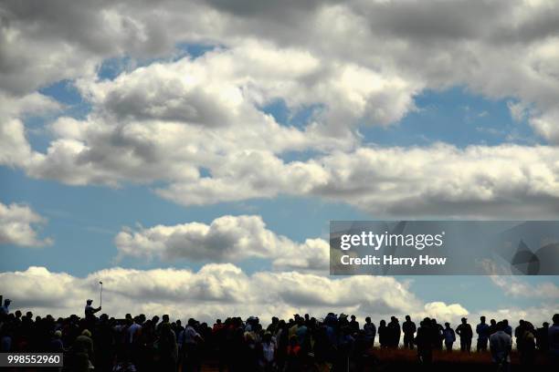 Justin Rose of England takes his tee shot on hole two during day three of the Aberdeen Standard Investments Scottish Open at Gullane Golf Course on...