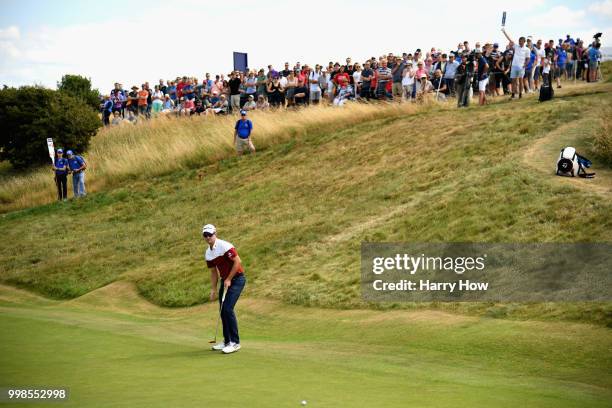 Justin Rose of England reacts to a missed putt on hole one during day three of the Aberdeen Standard Investments Scottish Open at Gullane Golf Course...