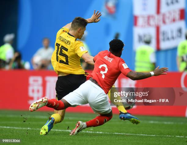 Thomas Meunier of Belgium scores his team's first goal during the 2018 FIFA World Cup Russia 3rd Place Playoff match between Belgium and England at...