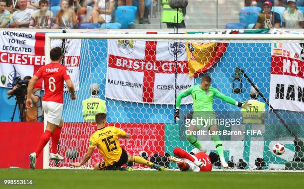 Thomas Meunier of Belgium scores his team's first goal during the 2018 FIFA World Cup Russia 3rd Place Playoff match between Belgium and England at...