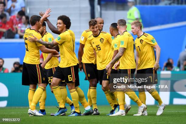 Thomas Meunier of Belgium celebrates with team mates after scoring his team's first goal during the 2018 FIFA World Cup Russia 3rd Place Playoff...