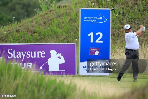 Peter O'Malley of Australia in action during Day Two of the WINSTONgolf Senior Open at WINSTONlinks on July 14, 2018 in Schwerin, Germany.