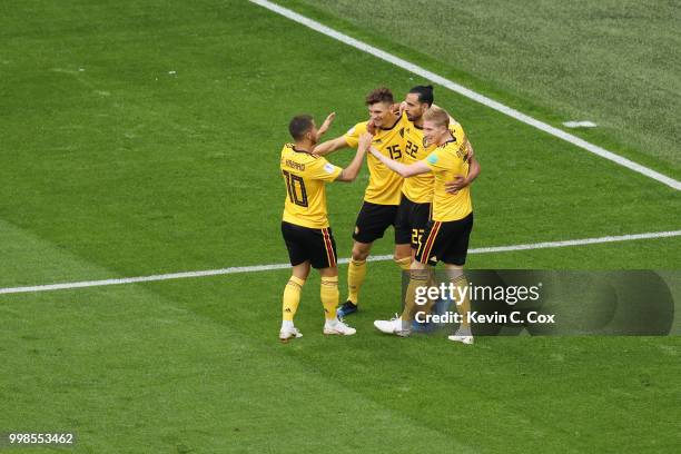 Thomas Meunier of Belgium celebrates with team mates after scoring his team's first goal during the 2018 FIFA World Cup Russia 3rd Place Playoff...