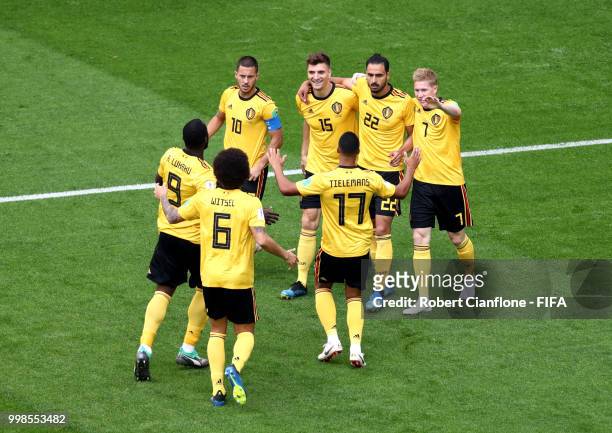 Thomas Meunier of Belgium celebrates with team mates after scoring his team's first goal during the 2018 FIFA World Cup Russia 3rd Place Playoff...