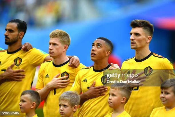 Youri Tielemans of Belgium sings the national anthem prior to the 2018 FIFA World Cup Russia 3rd Place Playoff match between Belgium and England at...