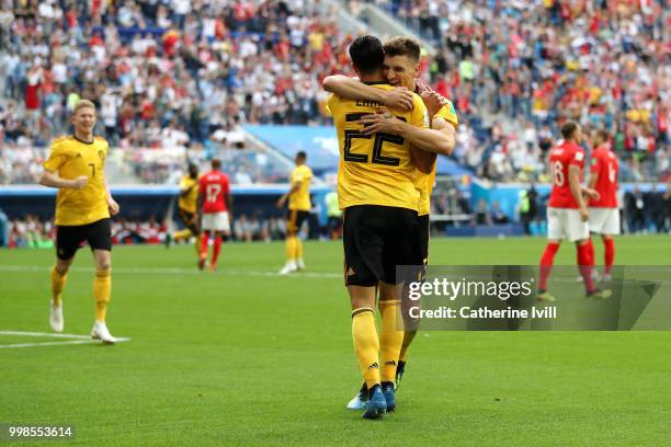 Thomas Meunier of Belgium celebrates with team mate Nacer Chadli after scoring his team's first goal during the 2018 FIFA World Cup Russia 3rd Place...