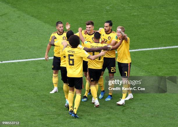 Thomas Meunier of Belgium celebrates with team mates after scoring his team's first goal during the 2018 FIFA World Cup Russia 3rd Place Playoff...