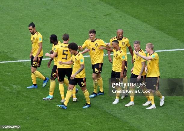 Thomas Meunier of Belgium celebrates with team mates after scoring his team's first goal during the 2018 FIFA World Cup Russia 3rd Place Playoff...