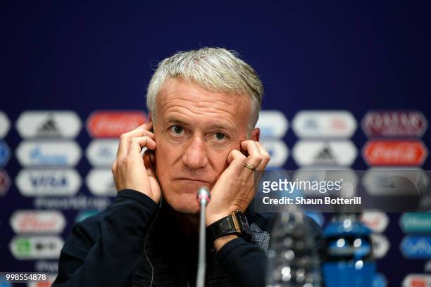 Didier Deschamps, Manager of France speaks to media during a France press conference during the 2018 FIFA World Cup at Luzhniki Stadium on July 14,...