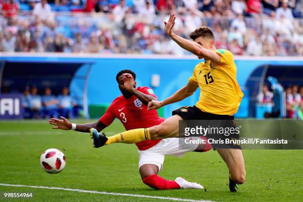 Thomas Meunier of Belgium scores his sides first goal during the 2018 FIFA World Cup Russia 3rd Place Playoff match between Belgium and England at...