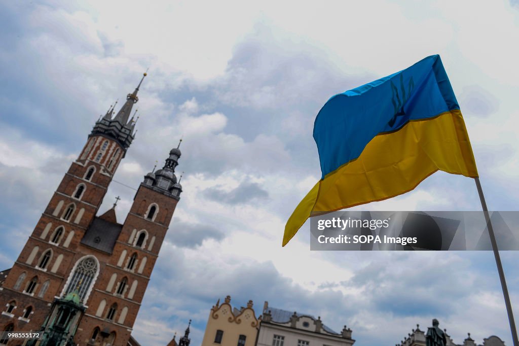 Ukrainian flag is seen during the protest.
Protest...