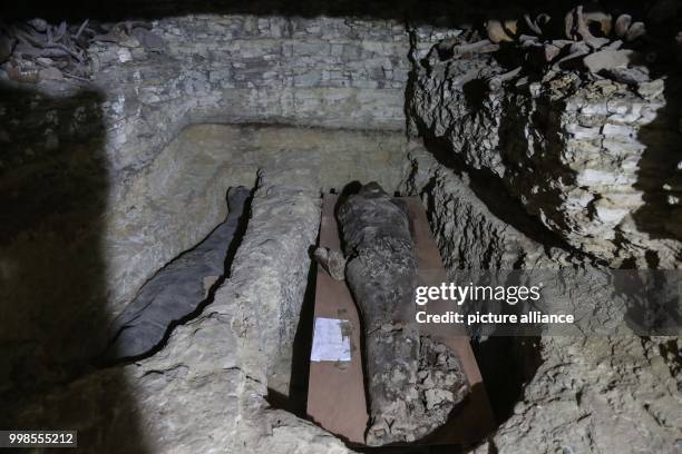 General view of two mummies, inside a burial chamber, that was discovered by a German-Egyptian mission, at the Saqqara burial ground in Giza, Egypt,...