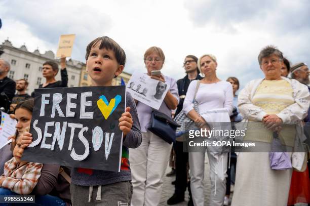 Child holds a banner saying Free Oleg Sentsov during the protest. Protest demanding the release of the Ukrainian filmmaker and writer, Oleg Sentsov...