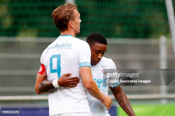 Steven Bergwijn of PSV celebrates 1-0 with Luuk de Jong of PSV during the Club Friendly match between PSV v Neuchatel Xamax FCS on July 14, 2018 in...