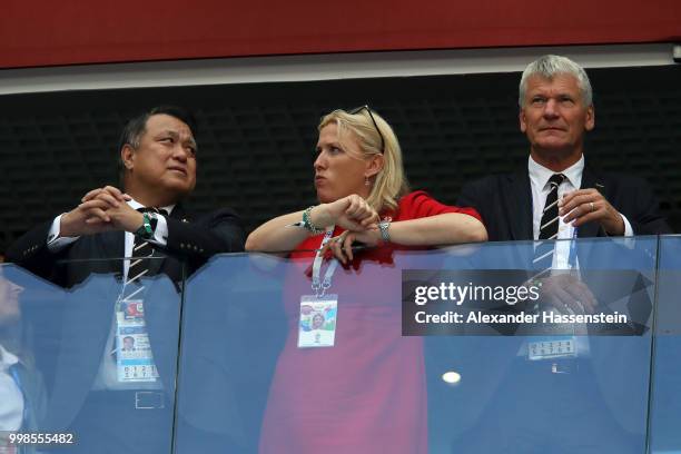 Council member Kozo Tashima and FIFA Council Vice-President David Gill attend the 2018 FIFA World Cup Russia 3rd Place Playoff match between Belgium...