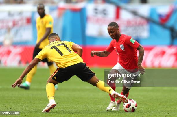 Raheem Sterling of England is challenged by Youri Tielemans of Belgium during the 2018 FIFA World Cup Russia 3rd Place Playoff match between Belgium...