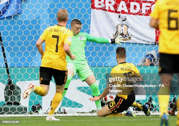 Belgium's Thomas Meunier scores his side's first goal of the game during the FIFA World Cup third place play-off match at Saint Petersburg Stadium.