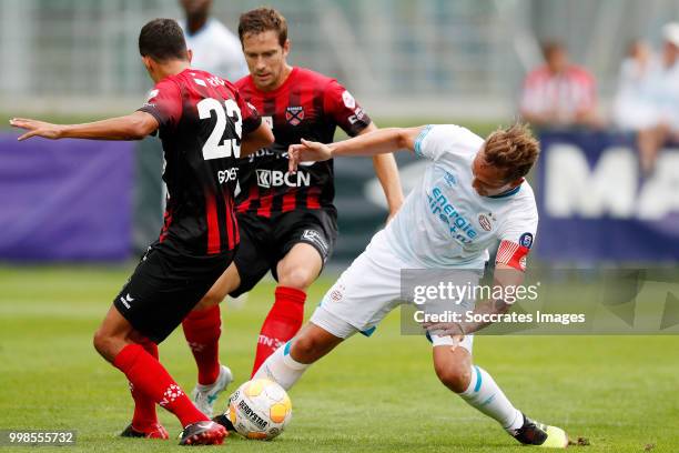 Mike Gomes of Neuchatel Xamax FCS, Luuk de Jong of PSV during the Club Friendly match between PSV v Neuchatel Xamax FCS on July 14, 2018 in Bagnes...