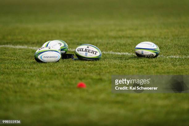 Rugby balls are seen prior to the round 19 Super Rugby match between the Crusaders and the Blues at AMI Stadium on July 14, 2018 in Christchurch, New...