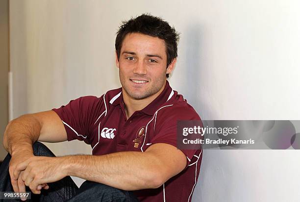 Cooper Cronk poses for a photo at the media call following the Queensland Maroons State of Origin I team announcement at the Sofitel Hotel on May 18,...