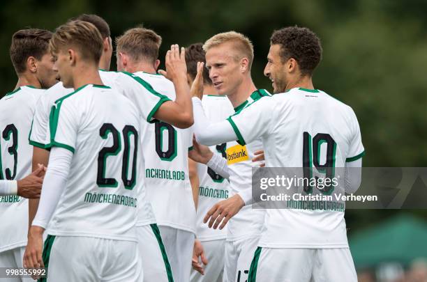 Fabian Johnson of Borussia Moenchengladbach celebrate after he score his teams second goal during the preseason friendly match between SC Weiche...