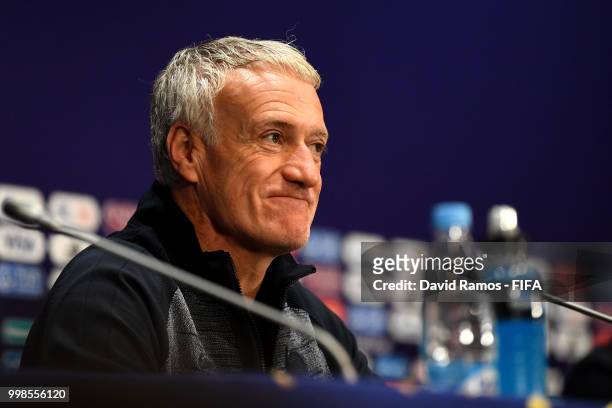 Didier Deschamps, Manager of France speaks to media during a France press conference during the 2018 FIFA World Cup at Luzhniki Stadium on July 14,...