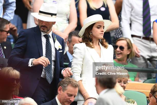John Vosler and Emma Watson attend day twelve of the Wimbledon Lawn Tennis Championships at All England Lawn Tennis and Croquet Club on July 14, 2018...