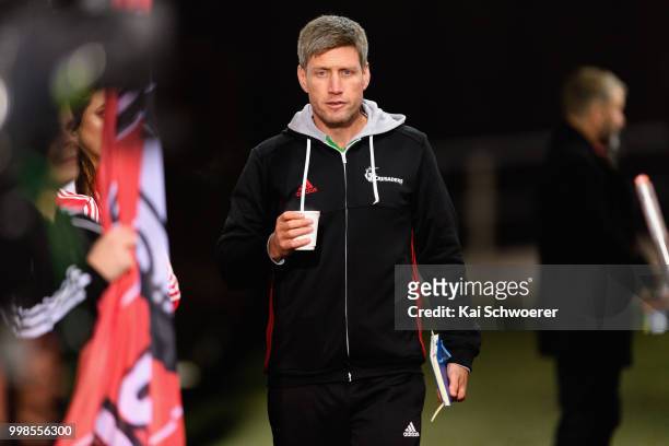 Assistant Coach Ronan O'Gara of the Crusaders looks on prior to the round 19 Super Rugby match between the Crusaders and the Blues at AMI Stadium on...