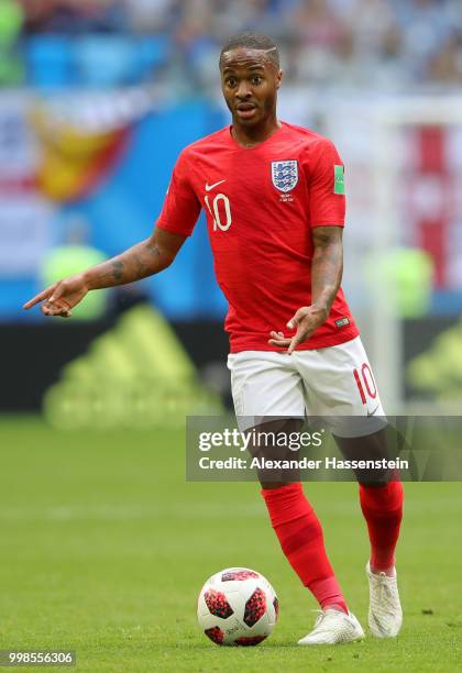 Raheem Sterling of England runs with the ball during the 2018 FIFA World Cup Russia 3rd Place Playoff match between Belgium and England at Saint...