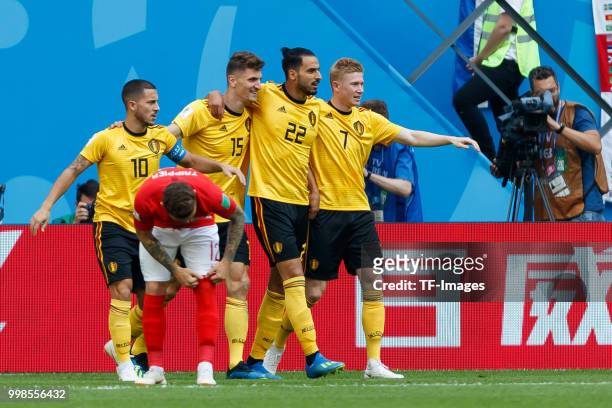 The Belgium team celebrate scoring their first goal during the 2018 FIFA World Cup Russia 3rd Place Playoff match between Belgium and England at...