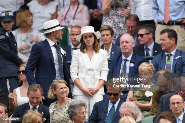 John Vosler and Emma Watson attends day twelve of the Wimbledon Tennis Championships at the All England Lawn Tennis and Croquet Club on July 13, 2018...