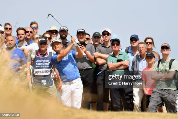 Soren Kjeldsen of Denmark plays out of the rough on hole one during day three of the Aberdeen Standard Investments Scottish Open at Gullane Golf...