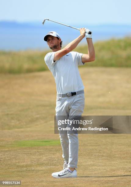 Thomas Pieters of Belgium takes his second shot on hole sixteen during day three of the Aberdeen Standard Investments Scottish Open at Gullane Golf...