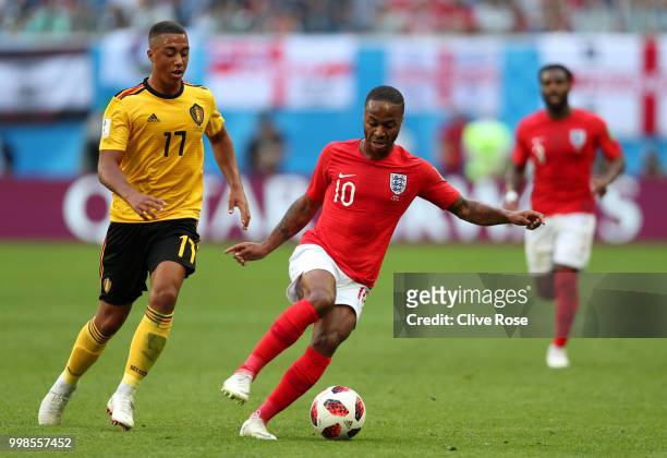 Raheem Sterling of England is challenged by Youri Tielemans of Belgium during the 2018 FIFA World Cup Russia 3rd Place Playoff match between Belgium...