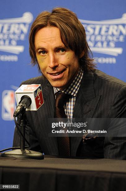 Steve Nash of the Phoenix Suns answers questions from the media following his team's loss to the Los Angeles Lakers in Game One of the Western...