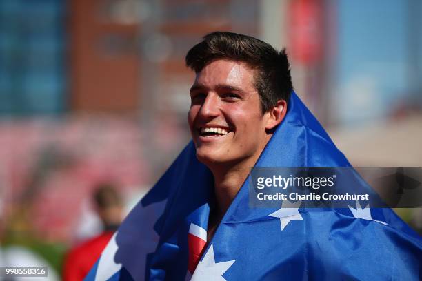 Nash Lowis of Australia celebrates winning gold in the final of the men's javelin on day five of The IAAF World U20 Championships on July 14, 2018 in...