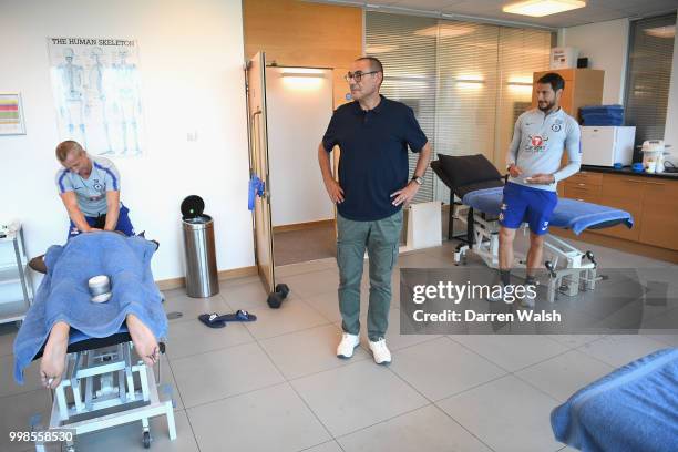 Maurizio Sarri of Chelsea during a tour of the training ground by Carlo Cudicini at Chelsea Training Ground on July 14, 2018 in Cobham, England.