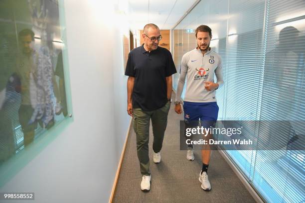 Maurizio Sarri of Chelsea during a tour of the training ground by Carlo Cudicini at Chelsea Training Ground on July 14, 2018 in Cobham, England.